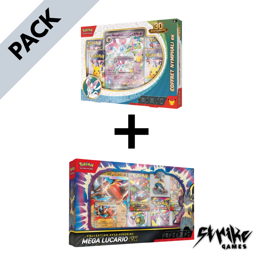 Pack Pokémon : Coffret Nymphali-ex 30e Anniversaire + Collection Figurine Méga-Lucario | FR